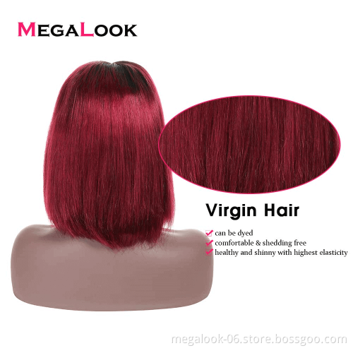 MegaLook 180% density Glueless Remy Peruvian Human Hair ombre Dark Red 99j Lace Front Short Wavy Bob Wig